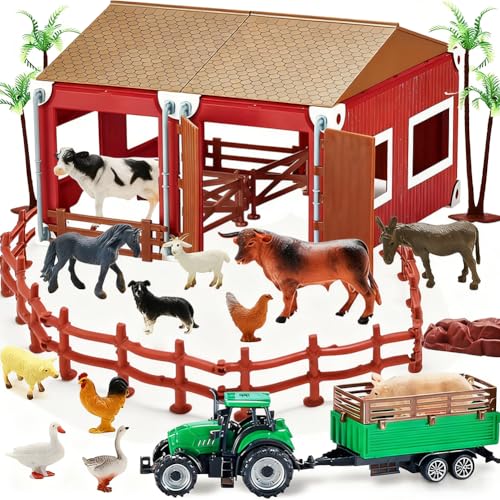 66PCS Mini Farm Animal Barn Toy with Tractor Trailer Fence for Kids Ages 3+ (Farm Animals Toys)