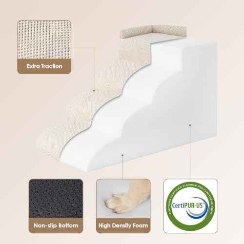 4 Step Curved Dog Stairs for Beds 17.6" H (Beige / 31.3"l X 15.7"w X 19.3"h)
