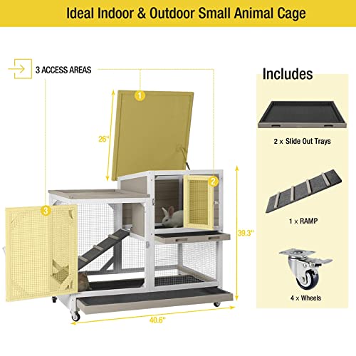 Upgrade Rabbit Hutch Rabbit Cage Indoor Bunny Hutch with Run Outdoor Rabbit House with Two Deeper No Leak Trays (Mocca / 40.6"L x 26"W x 39.3"H)