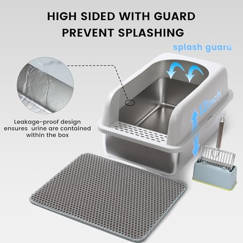 Stainless Steel XL Cat Litter Box for Big Cats (11.8inch-Light Grey / X-Large)