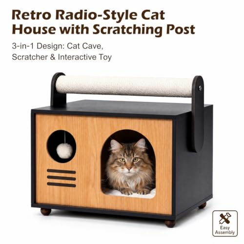 Wooden Cat House with Top Scratching Post for Indoor Cats
