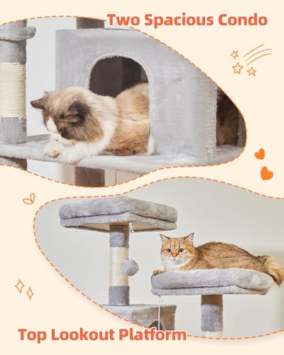 Cat Tree 66.2 in Tall Cat Tower with 2 Plush Cat Condos (67 inches / Light Gray)