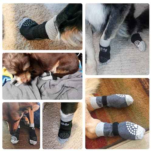 Anti Slip Dog Socks to Prevent Licking Paws for Hardwood Floors (Owl-Dark Grey / Large (4 Count))