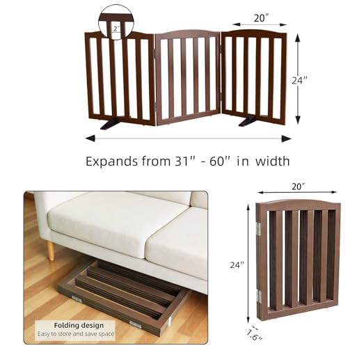 Foldable Freestanding Indoor Dog Gate for House Wood Long Pet Gates Dog Fence for Stairs Puppy Gates for Hallways (Brown / 【3 Panels】60''w X 24''h)