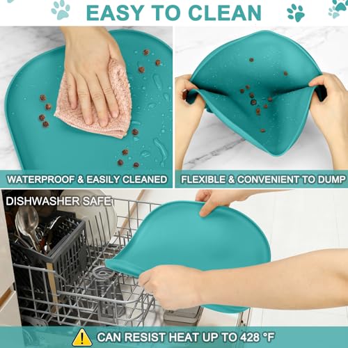 Waterproof Silicone Pet Food Mat with Raised Edge for Dog & Cat (Dark Turquoise / 12"L x 12"W)