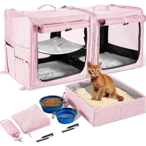 Extra Large Cat Carrier for 2 Cats with Travel Litter Box (Pink)