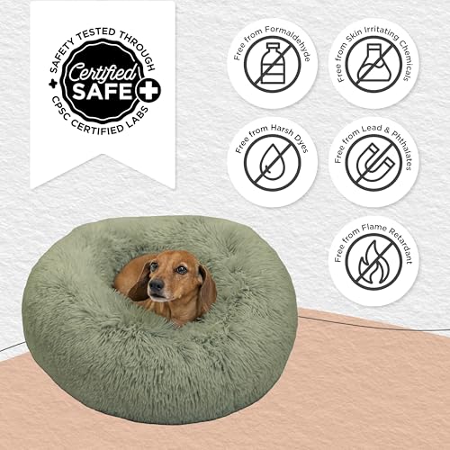The Original Calming Donut Dog Bed for Small Dogs up to 25 lbs (Sage Shag / Small)