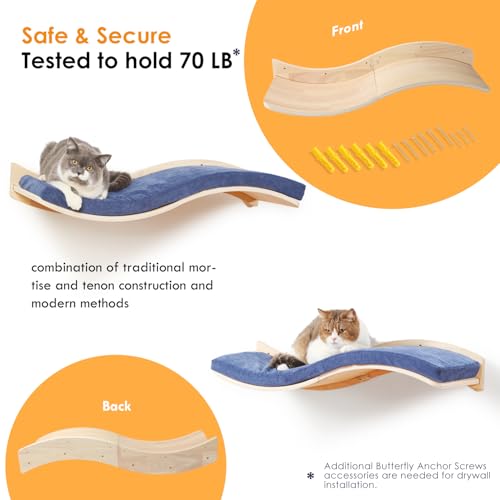 Cat Wall Shelves for Large Cats (Wood Shelf+Bule Cushion)