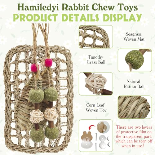 Rabbit Seagrass Mat Hanging Bunny Chew Toys for Teeth Rabbit Enrichment Activity Mat Small Animal Toys for Guinea Pigs Chinchillas Gerbils Birds