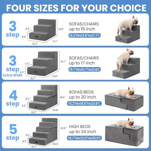 Dog Stairs for Small Dogs (Grey / Wider 3-Step 15.7" H)
