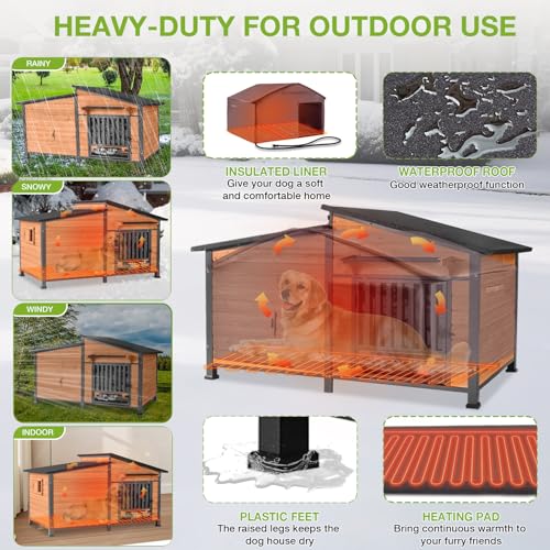 Heated Dog House Extra Large Outdoor with Bowls Weatherproof Dog Kennel with Heating Pad Anti