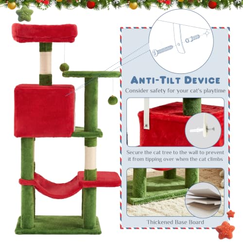 44 Inch Cat Tree Tower with Natural Sisal Scratching Posts (Red & Green / 44 Inch)