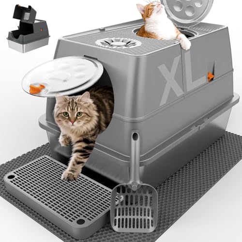 Stainless Steel Litter Box with Lid XL Extra Large Litter Box Enclosed Top Entry Metal Litterbox for Big Cats Easy Cleaning Anti (Dark Grey)