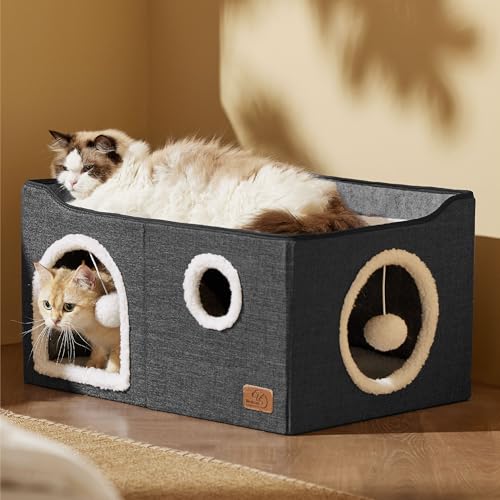 Extra Wide Cat House Bed with Fluffy Ball and Scratch Pad (Dark Grey / Widen)