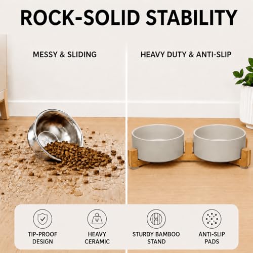 Ceramic Dog and Cat Bowl Set with Wooden Stand (5 cups / Grey × 2)