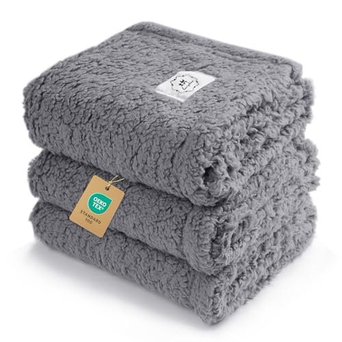 1 Pack 3 Calming Blankets Fluffy Premium Fleece Pet Blanket Soft Sherpa Throw for Dog Puppy Cat Grey Small (Small (Pack of 3) / Grey)