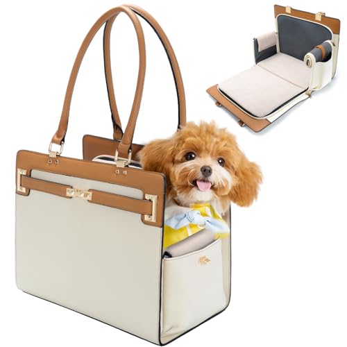 2-in-1 Stylish Dog Purse Carrier Soft-Sided Carriers Travel Tote Bag for Small Dogs Cats, Fashion Foldable Pet Bag for Puppies Small Animals with Pockets (Beige+Brown, 15" L x 7.5" W x 12.2" H) (Beige+Brown / 15" L x 7.5" W x 12.2" H)