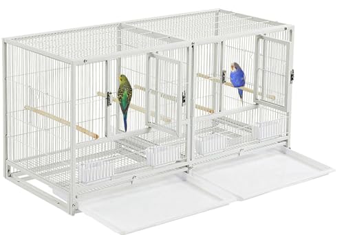 Combo Single Stacker Sturdy Wrought Iron Breeding Center Divided Breeder Bird Flight Double Metal Cage with Side Breeding Nest Box Doors (White Vein)