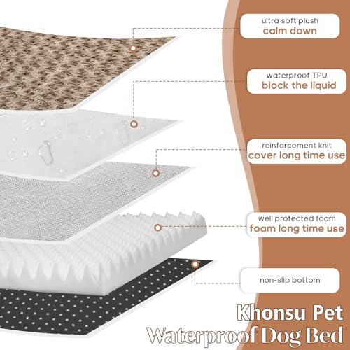Dog Bed Mat Plush 4in Orthopedic Pad for Large Dogs up to 150 lbs Waterproof Removable Cover Machine Washable for XXXL Dogs (Light Brown / XXXL)