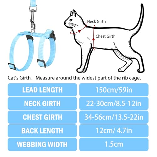 Adjustable Cat Harness and Leash Set Escape Proof Kitten Strap Collar for Walking Travel (Medium / Sky Blue)
