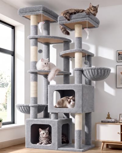 S74E Pro Heavy Duty Maine Coon Cat Tree for Large Cats (Light Grey / 74 inch)