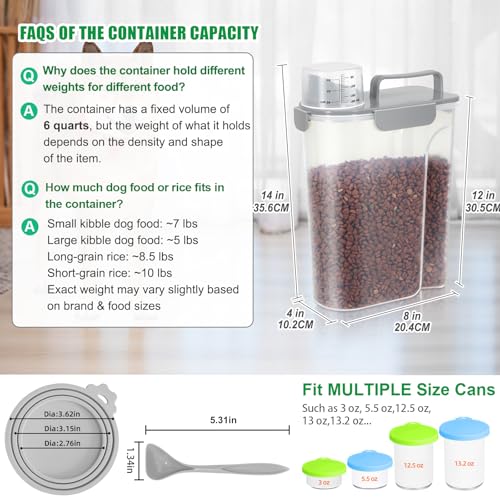 Cat Dog Food Storage Container 5 to 7 lbs with Pet Can Cover and Mixing Spoon (Light Grey 6Qt)