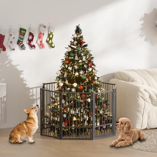 Full Metal Freestanding Dog Gate with Door (【8 Panels】160"W*32H" / Black)