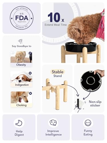 Ceramic Slow Feeder Dog Bowls Elevated (Skull Black+Stand / M-1.5 Cups)