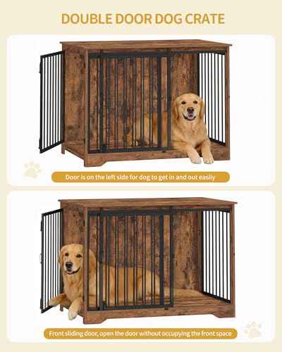 43.3" XL Dog Crate Furniture Indoor Dog Kennel with Barn Door (Rustic Brown / 43.3"L x 27.5"W x 31.8"H)