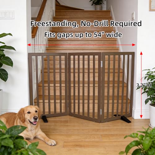 Freestanding Indoor Dog Gate for House Foldable Wood Puppy Gate for Doorways Pet Gate for Stairs Extra Wide Pet Fence (Brown / 【3 Panels】60''w x 32''h)