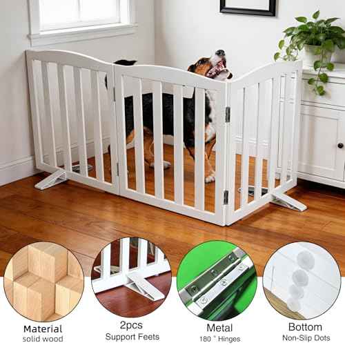 Foldable Freestanding Indoor Dog Gate for House Wood White Long Pet Gates Dog Fence for Stairs Puppy Gates for Hallways (White / 【3 Panels】60''w X 32''h)