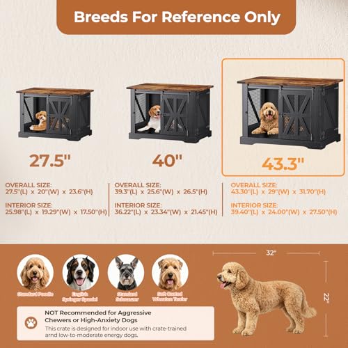 43.3" Dog Crate Furniture with Sliding Doors for Large Dogs Up to 55 lbs (Black / 43.3"L x 31.5"W x 37.2"H)