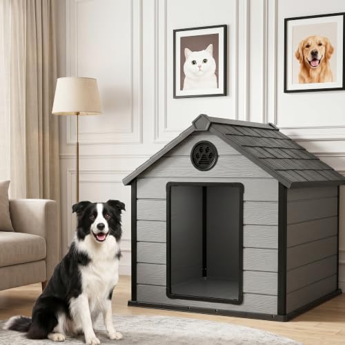 Extra Large Waterproof Plastic Dog House for Big Dogs (Black&Gray / 41.34*45.87*42.17)