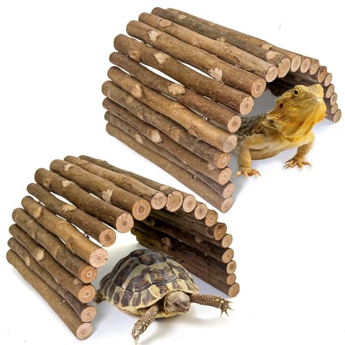 2PCS Reptile Hideout Wooden Bridge 7.5"x13.4" Lizard Hide Caves Bearded Dragon Habitat Accessories for Gecko Snake Frog Chameleon Iguana Tortoise