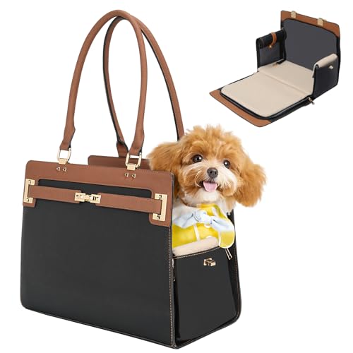 2-in-1 Stylish Dog Purse Carrier Soft-Sided Carriers Travel Tote Bag for Small Dogs Cats, Fashion Foldable Pet Bag for Puppies Small Animals with Pockets (Black+Brown, 15" L x 7.5" W x 12.2" H) (Black+Brown / 15" L x 7.5" W x 12.2" H)