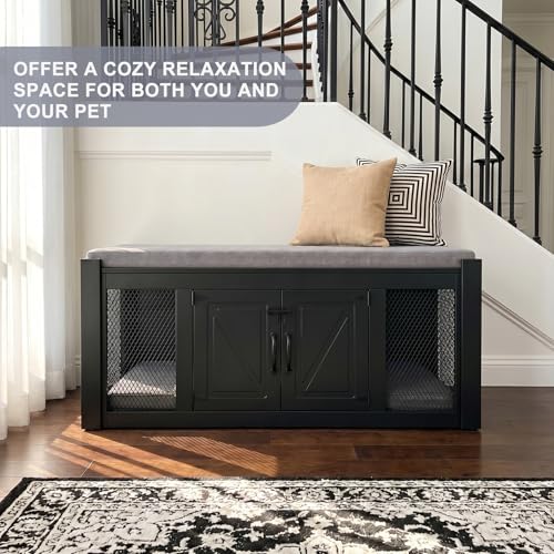 Dog Crate Furniture with Padded Seat (Black)