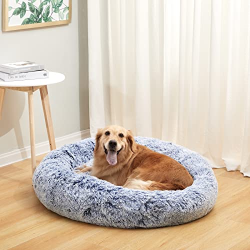 Calming Fluffy Donut Dog Bed for Large Dogs (36.0"L x 36.0"W x 8.0"Th / Navy Blue)