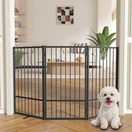 Full Metal Freestanding Dog Gate with Door (【3 Panels】60"W*36H" / Black)