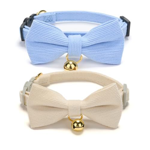 2 Pack Soft Corduroy Cat Collars with Bow Tie & Bell Adjustable Breakaway Kitten Bowtie Collar for Female Male Cats (S:Neck 7.0" - 11.0" / Corduroy-White Blue)