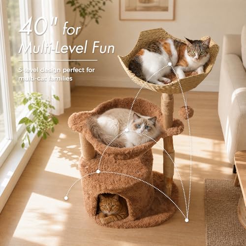 Modern Cat Tree with Real Wood&Wicker Basket for Large Cats Brown (Brown)