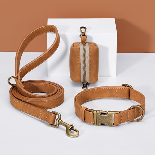 Soft PU Leather Dog Collar for Medium Dogs (M：Fit 14-18" Neck, Width ¾" / Light Brown)