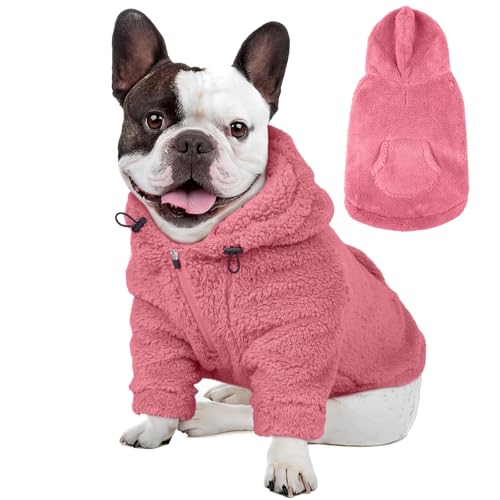 Fuzzy Dog Sweater with Adjustable Hood & Harness Hole (Medium / Pink)