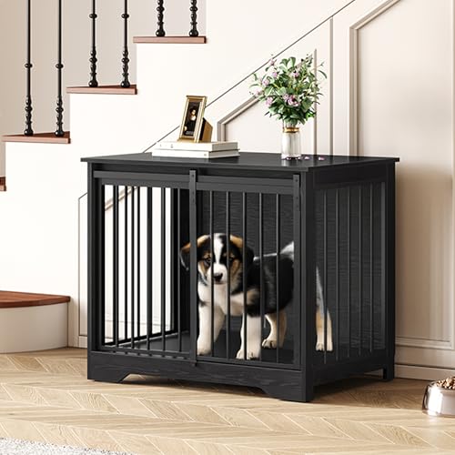31.9" M Dog Crate Furniture Indoor Dog Kennel with Barn Door (Black / 31.9"L x 21.7"W x 26.6"H)