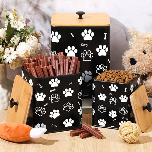 Airtight Dog Treat Container Set of 3 with Bamboo Lids Metal Treat Jars for Countertop Decorative Pet Snack Food Storage Canister Kitchen Biscuit Holder (Black)
