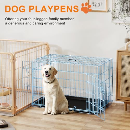 36" Foldable Metal Dog Crate (Blue)