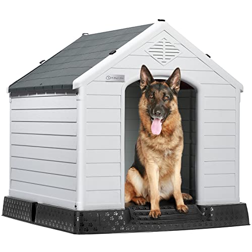 Durable Waterproof Plastic Dog House for Small to Large Sized Dogs (Gray / 34"L x 31"W x 32"H)