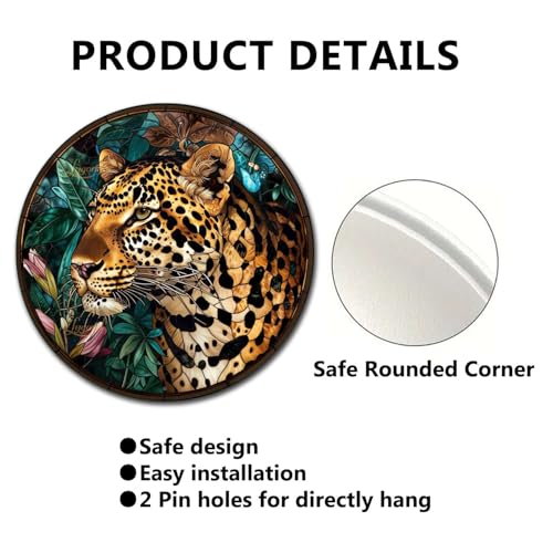 Metal Sign Tin Sign Circular Stained Glass Leopard Gardening Poster for Bar 12×12 Inches (12×12 Inches / Leopard-4)