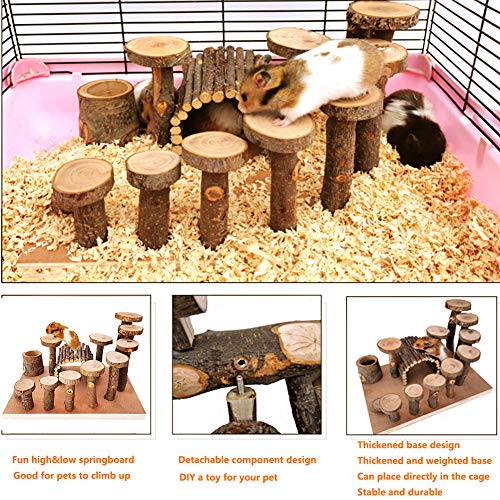 Wooden Hamster Platform Toy Chinchilla Activity Playground Stand Ladder Guinea Pigs Hideout Set Bridge Ramps Chew Toys for Mouse Gerbil Rat Sugar Glider Syrian Dwarf Hamster Small Animals (Platform with wooden bridge)