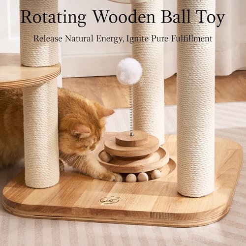 Modern Solid Wood Cat Tree Tower (49 Inch-Turntable Toy)