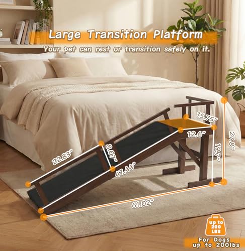 61" Dog Ramp for Bed with Rest Platform & Glow Strips (Brown / 61"L x 20"H x 15.7"W)